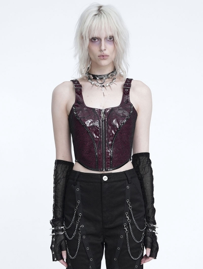 Wine Red Gothic Punk Buckle Strap Crop Tank Top for Women