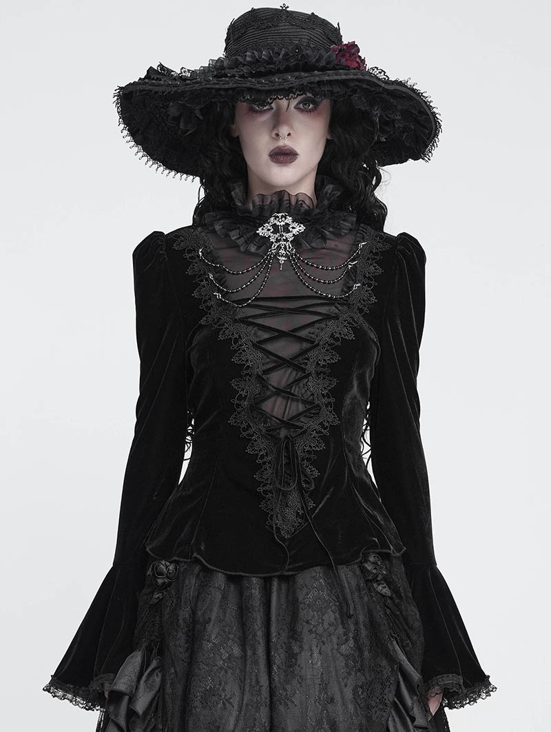 Black Retro Gothic Lace Appliqued Velvet Shirt for Women