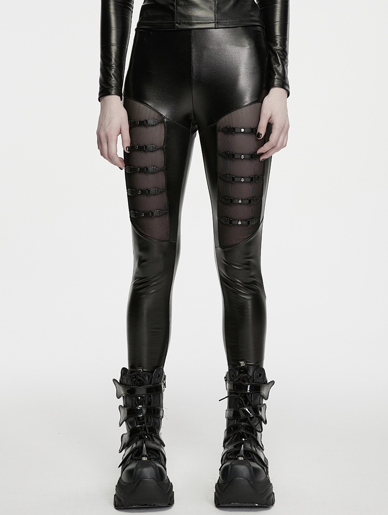 Black Gothic Punk Faux Leather Leggings for Women