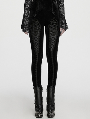 Black Gothic Embossed Velvet Leggings for Women
