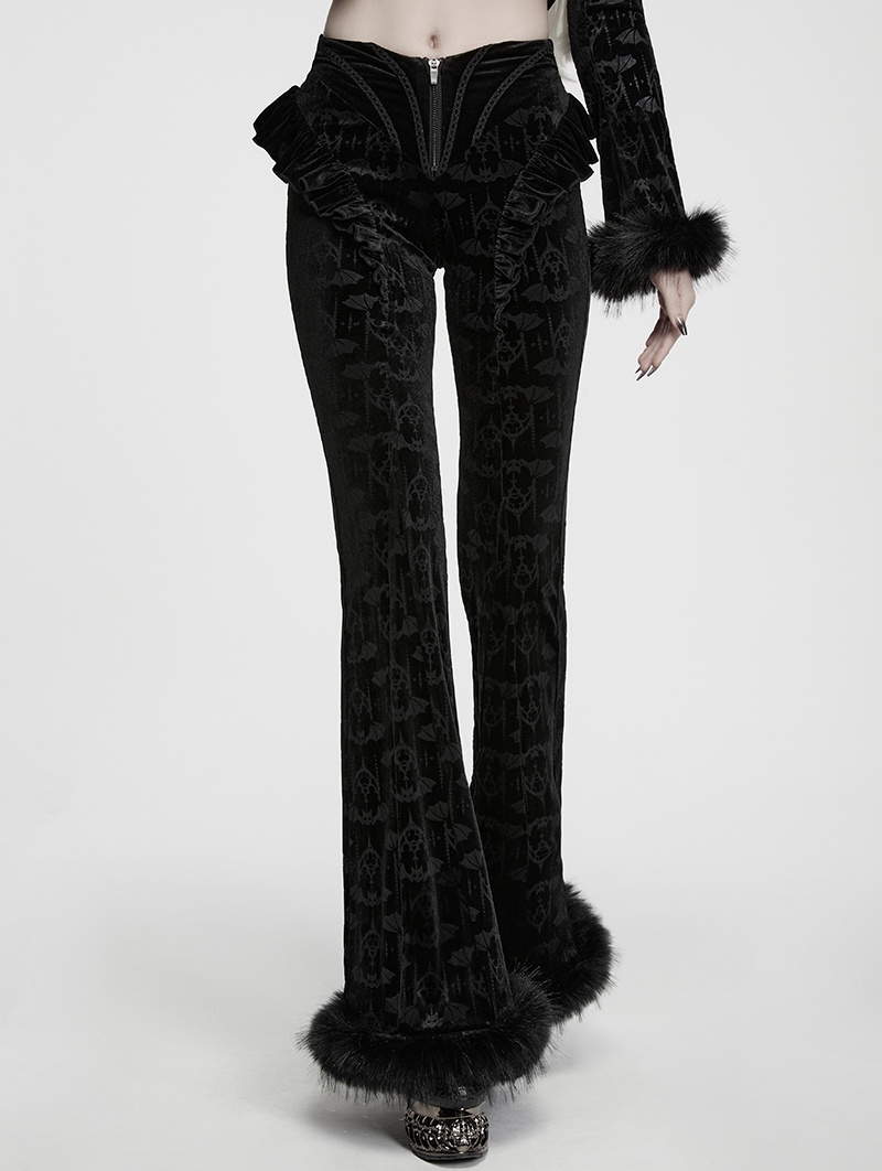 Black Gothic Bat Pattern Velvet Flared Pants for Women