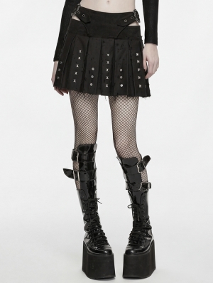 Black Denim Gothic Punk Decadent Pleated Skirt