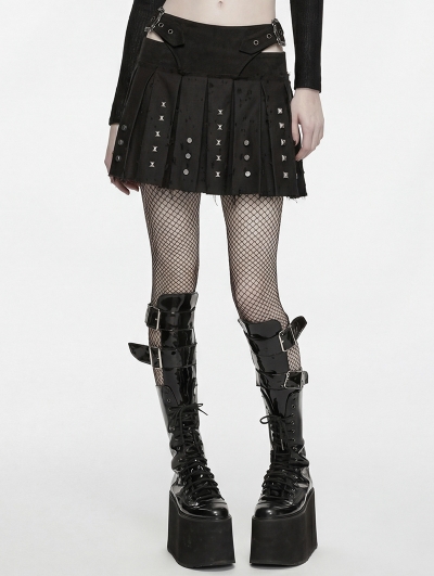 Black Denim Gothic Punk Decadent Pleated Skirt