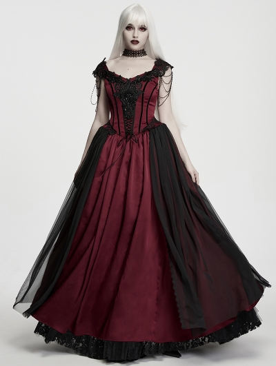 Red and Black Victorian Gothic Embroidery Layered Party Dress