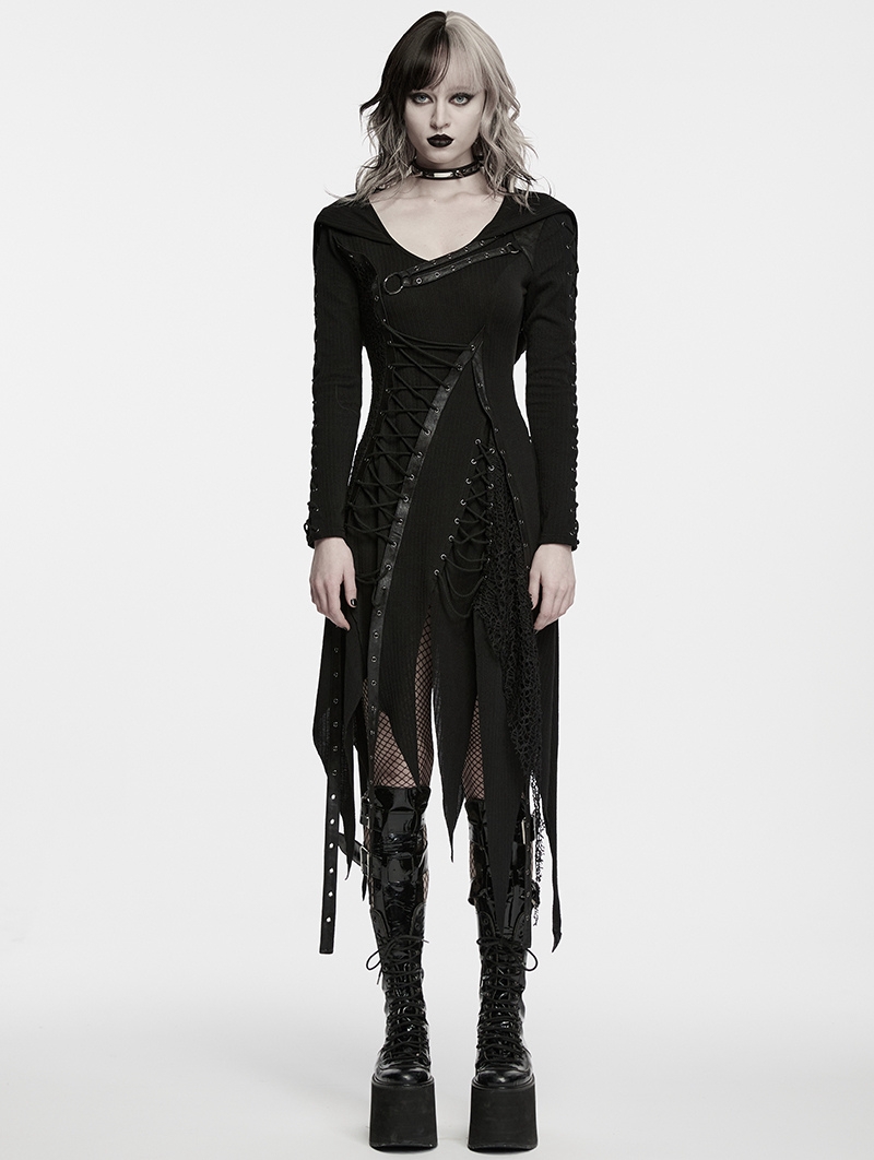 Black Gothic Punk Hooded Asymmetrical Dress