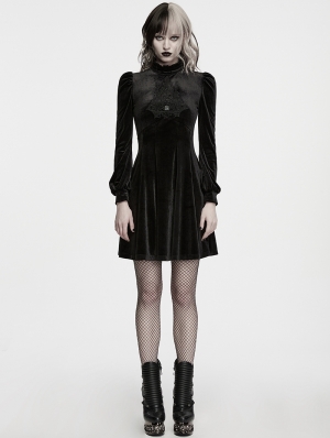 Black Gothic Church Embroidered Velvet Short Dress