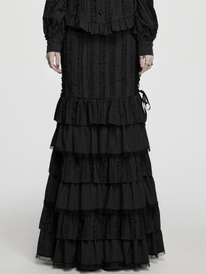 Black Gothic Victorian Vintage Multi-Layer Ruffled Fishtail Skirt