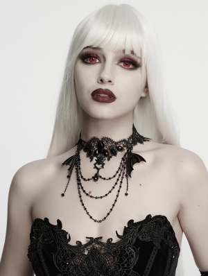 Black Gothic Bat Crystal Lace Necklace
