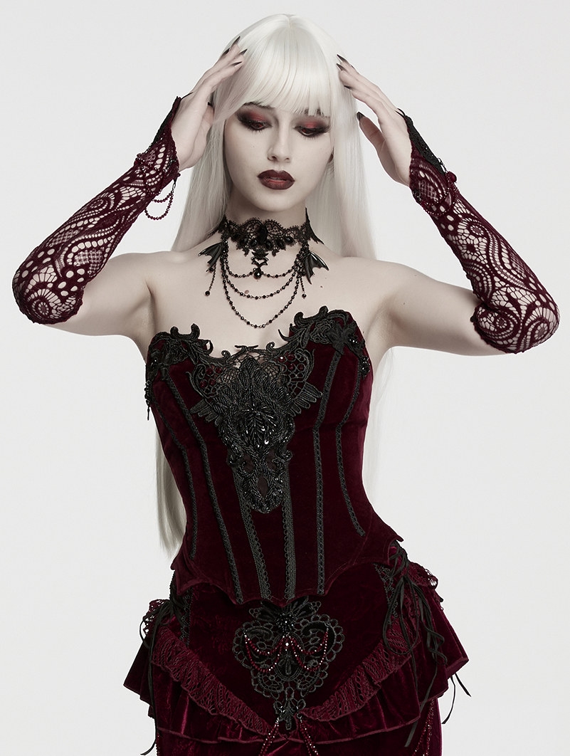 Red Gothic Crystal Beaded Lace Gloves