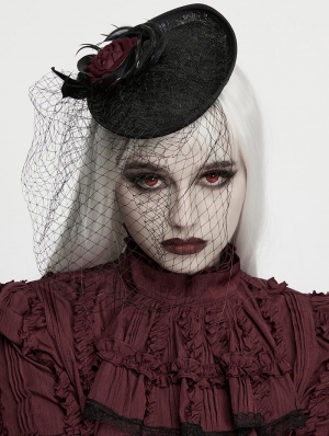 Black Gothic Red Rose Feather Formal Hat