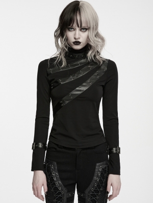 Black Gothic Punk Asymmetric Segmentation T-Shirt for Women