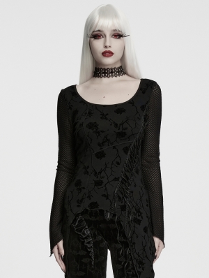 Black Gothic Rose Printed Asymmetric T-Shirt for Women