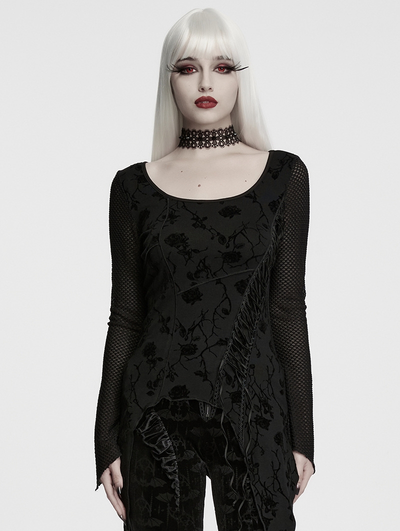 Black Gothic Rose Printed Asymmetric T-Shirt for Women