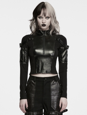 Black Gothic Punk Dark Functional Crop Top for Women