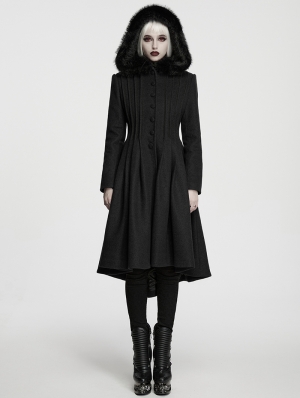 Black Elegant Gothic Fur Hood Coat for Women
