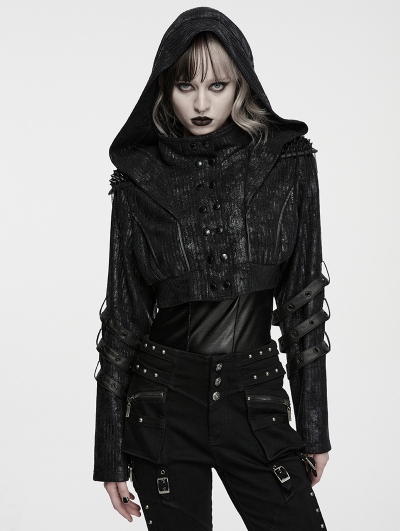 Black Gothic Punk Ribbed Functional Jacket for Women