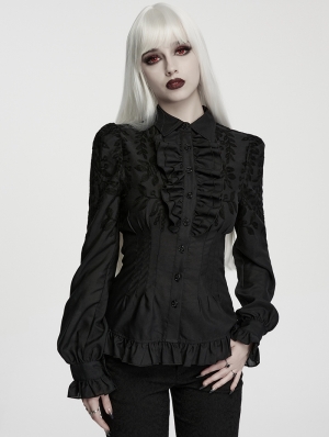 Black Gothic Embroidered Ruffled Shirt for Women