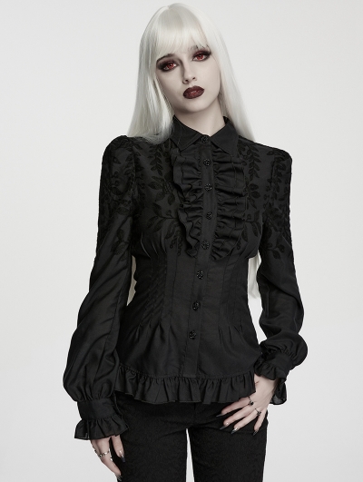 Black Gothic Embroidered Ruffled Shirt for Women