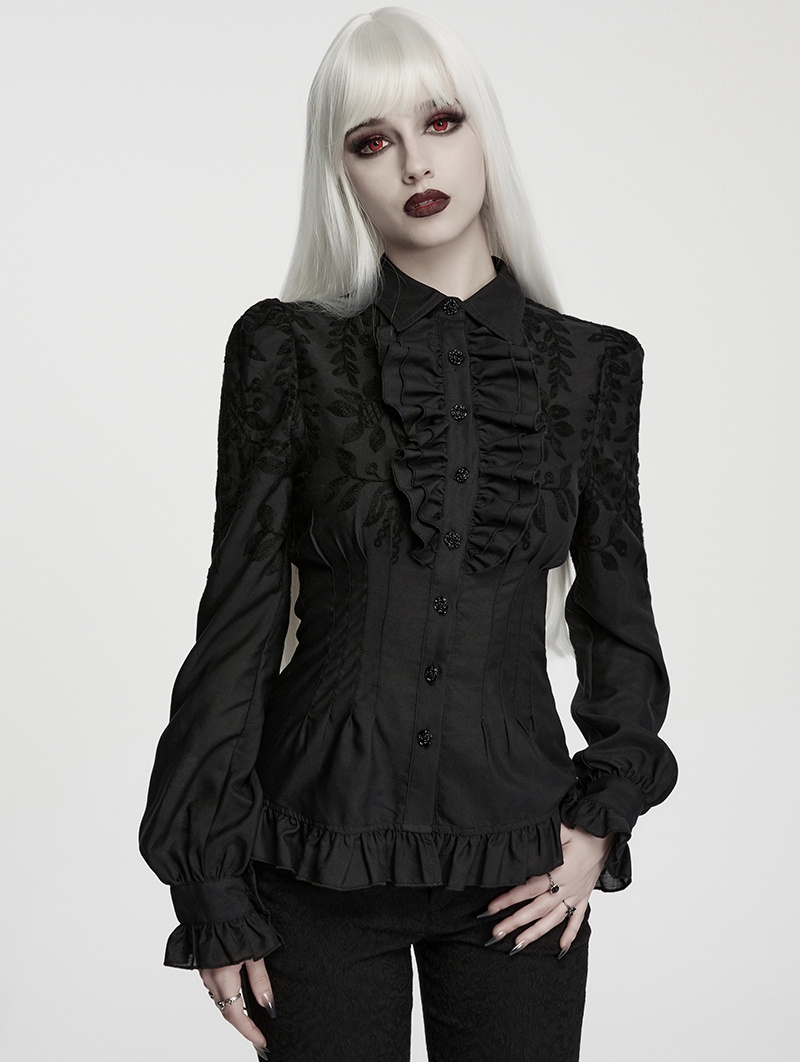 Black Gothic Embroidered Ruffled Shirt for Women