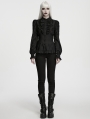 Black Gothic Embroidered Ruffled Shirt for Women