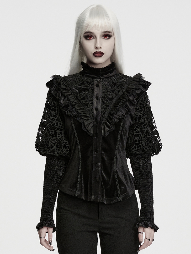 Black Gothic Lunar Eclipse Splicing Velvet Shirt for Women