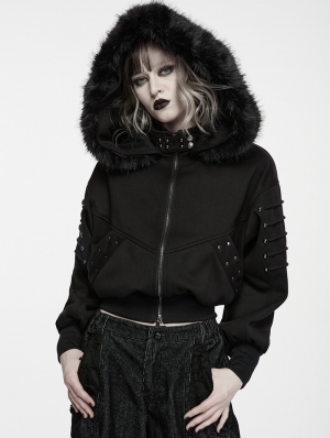 Black Gothic Punk Fur Collar Hooded Jacket for Women