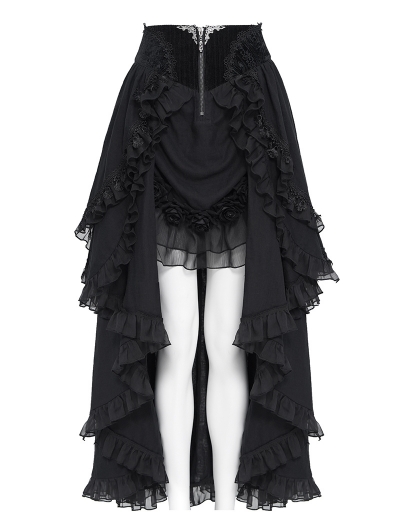 Black Retro Gothic Rose Layered Ruffle High-Low Skirt