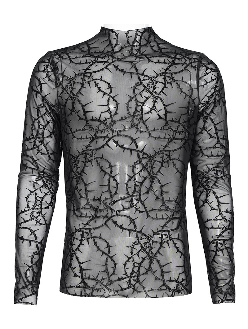 Black Gothic Thorns Sheer Mesh Long Sleeve Top for Men