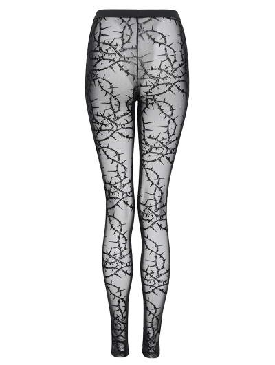 Black Gothic Thorn Pattern Sheer Mesh Leggings for Women
