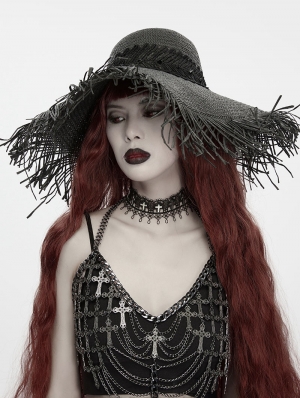 Black Gothic Witch Fringed Floral Wide Brim Straw Hat
