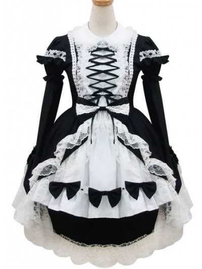 White and Black Long Sleeves Sweet Maid Lolita Dress