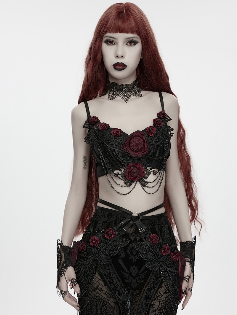 Black Gothic Bloody Rose Lace Chain Bralet