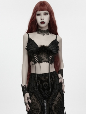 Black Gothic Vintage Angel Fluffy Feather Lace Up Bralet