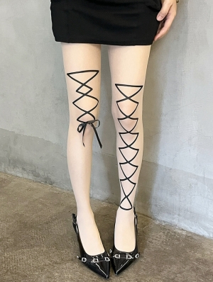Nude Faux Lace-Up Printed Tights with Ribbon Bow