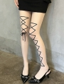 Nude Faux Lace-Up Printed Tights with Ribbon Bow