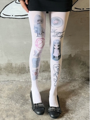 White Gothic Doll Print Tights