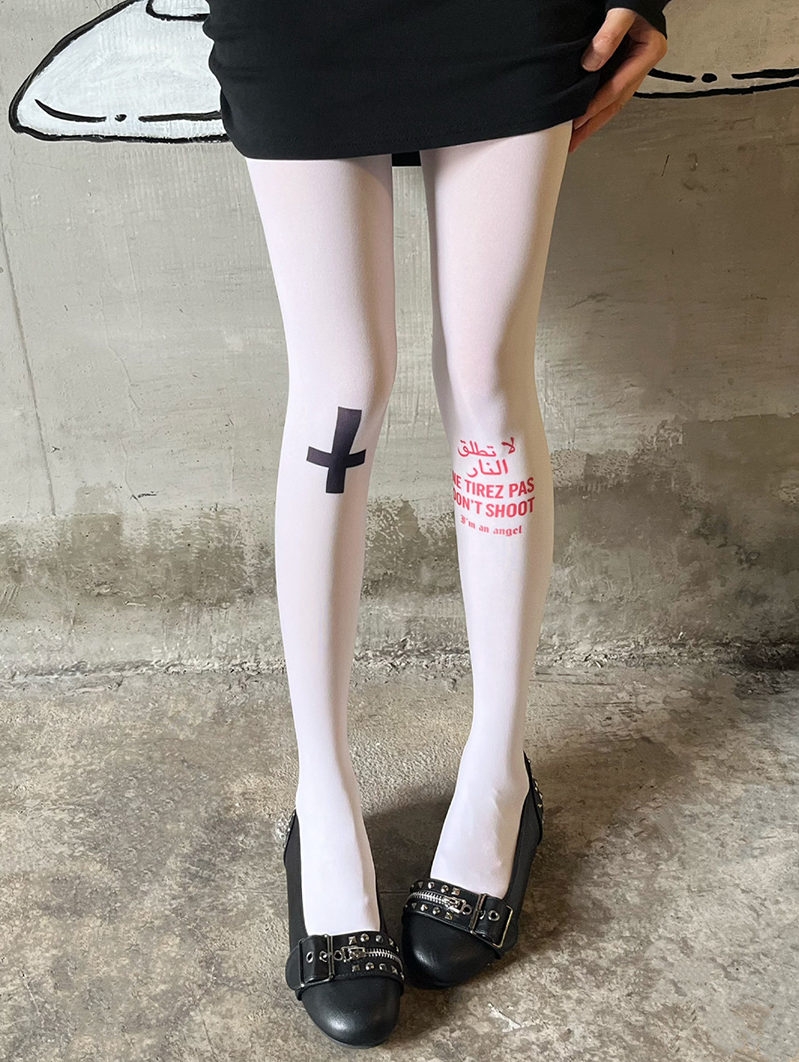 White Gothic Cross Letter Print Tights