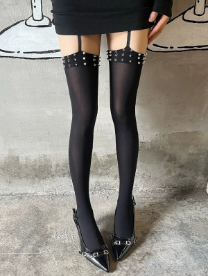 Black Gothic Spiked Garter Thigh High Stockings