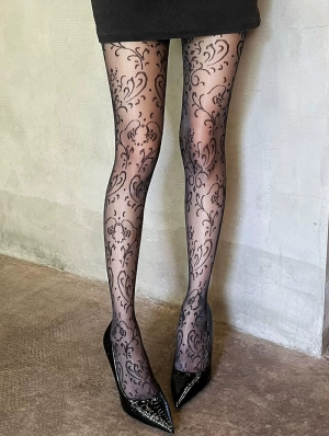 Black Gothic Vine Floral Pattern Sheer Tights