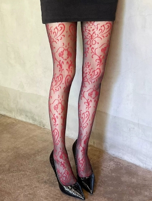 Red Gothic Vine Floral Pattern Sheer Tights