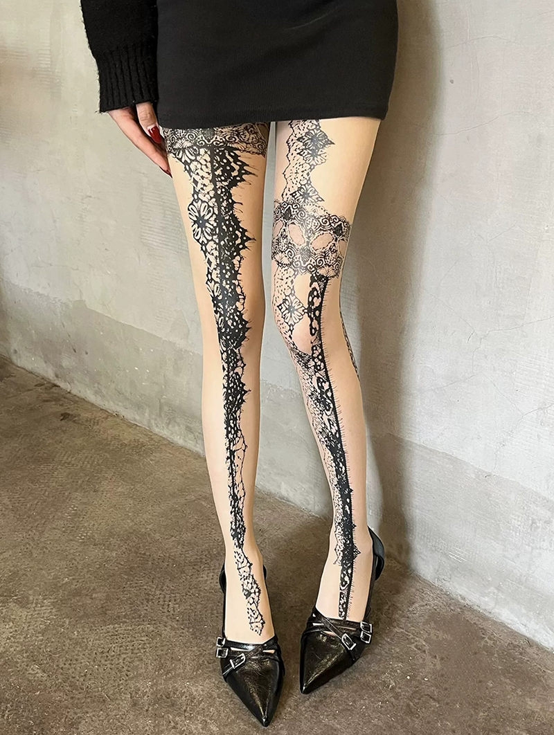 Nude Irregular Lace Patterned Gothic Tights