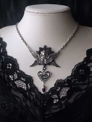 Silver Angel Wing Gothic Double Serpent Pendant Necklace