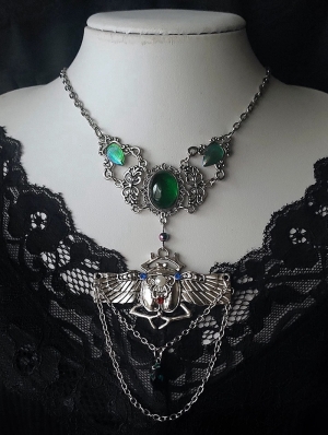 Silver Gothic Green Crystal Scarab Beetle Pendant Necklace