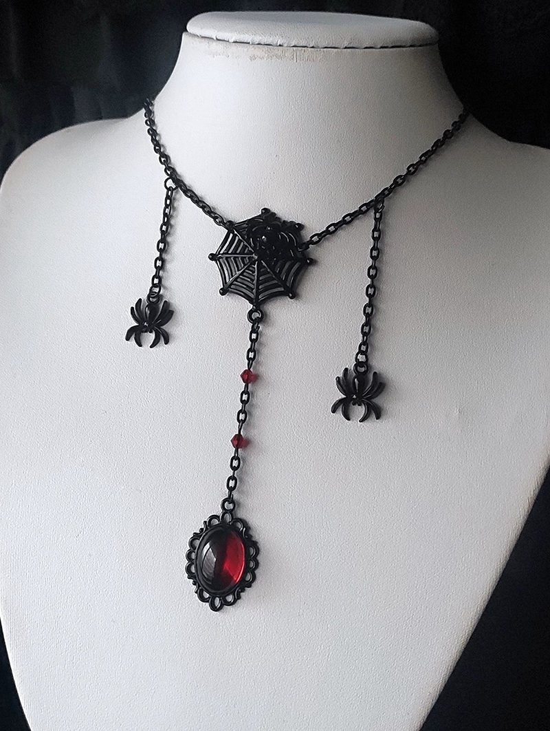 Black Retro Gothic Spider Web Red Crystal Pendant Necklace