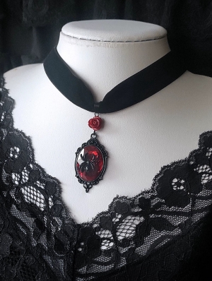 Black Velvet Dark Gothic Spider Blood Rose Pendant Choker