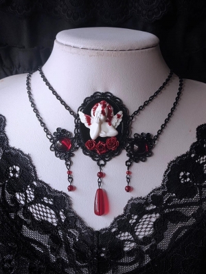 Black and Red Gothic Rose Crystal Pendant Necklace
