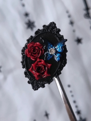 Black Gothic Blood Rose Blue Butterfly Frame Ring