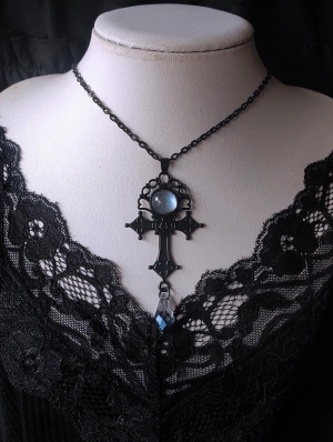 Black Gothic Moonstone Crystal Cross Pendant Necklace