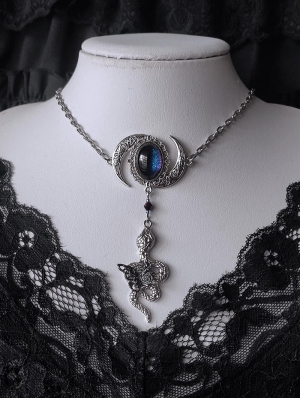 Silver Retro Gothic Moon Serpent Pendant Necklace