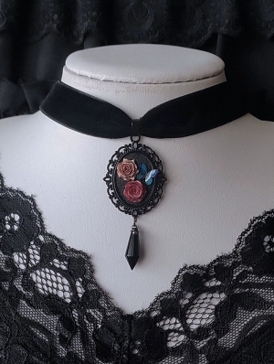 Black Gothic Rose Butterfly Pendant Velvet Choker